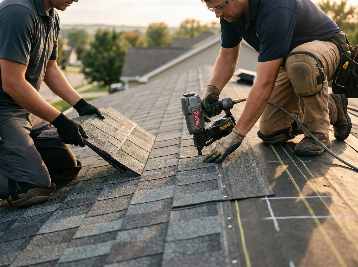 Professional roofer working on a residential roof in Wells Branch